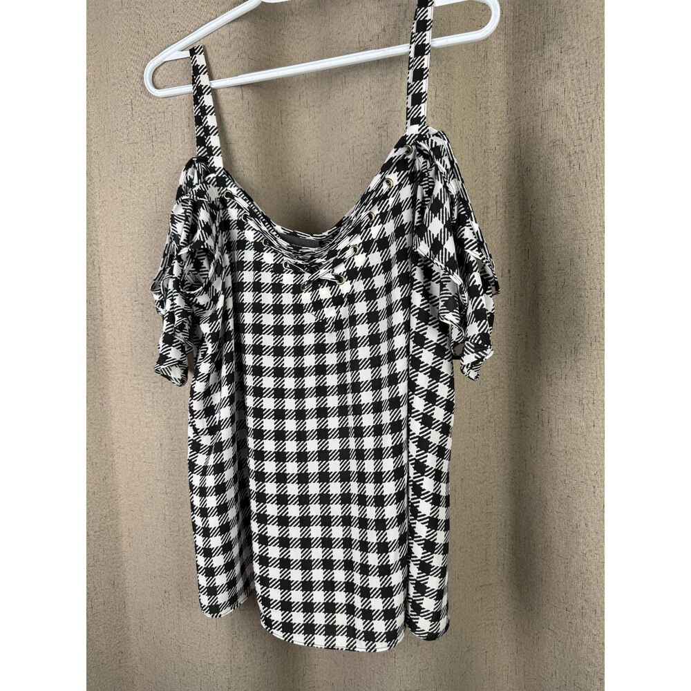 Bold Elements Womens Houndstooth Lace Up Ruffle Strap Tank Size XL Black - Picture 2 of 6